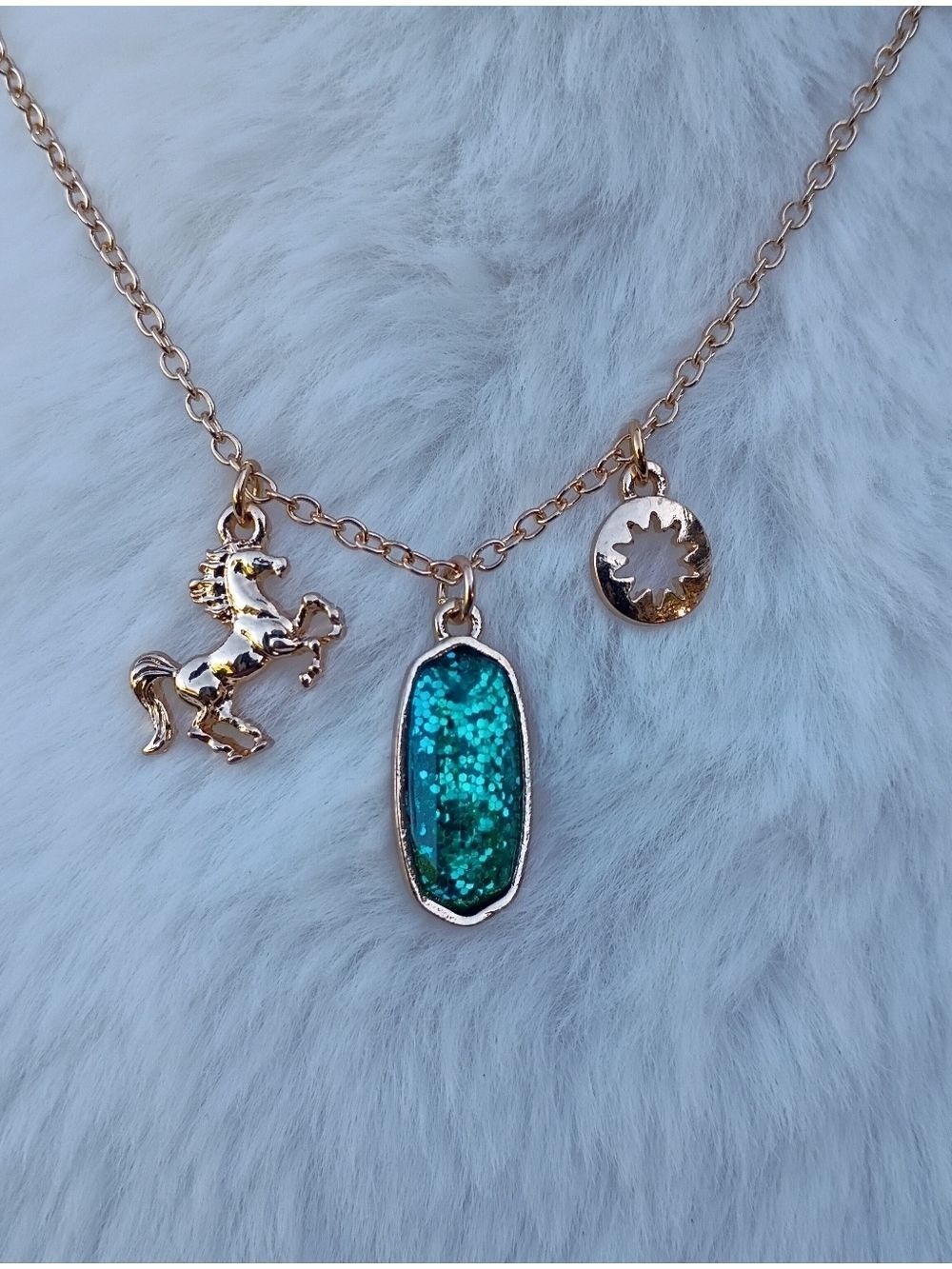 2/$10 December Girl Gold-Tone Necklace with Teal Glitter Pendant and Horse Charm